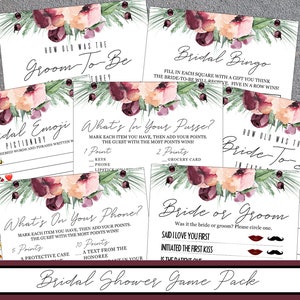 Burgundy Bridal Shower Games Bundle, Red Pink Games Package, Games Set Printable, Instant Download, Shabby Chic Garden, marsala, champagne
