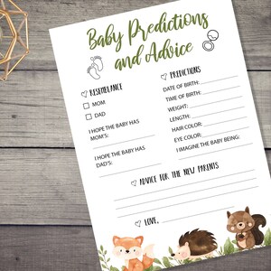 Wald Baby vorhersagen und Ratschläge Spiel - SOFORTIGER DOWNLOAD - Babyparty druckbarer digitaler Fuchs geschlechtsneutrale Tiere Wald