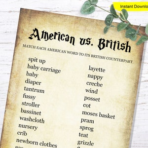 May include: A printable game card with the title "American vs. British". The card features a list of American words and their British counterparts, such as "spit up" and "layette", "baby carriage" and "pram", and "diaper" and "nappy".