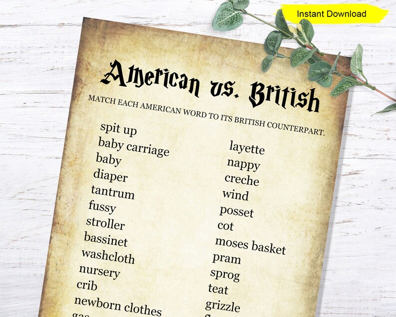 May include: A printable game card with the title "American vs. British". The card features a list of American words and their British counterparts, such as "spit up" and "layette", "baby carriage" and "pram", and "diaper" and "nappy".