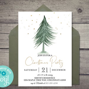 May include: A Christmas party invitation with a watercolor-style green Christmas tree and gold stars. The invitation text reads "Join us for a Christmas Party" with the date, time, and address. The invitation is inside a green envelope.