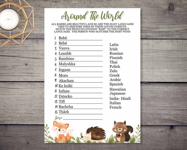 Woodland Baby Names Around the World Game INSTANT DOWNLOAD Etsy