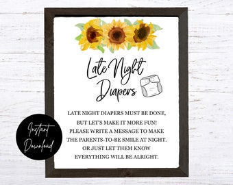 Sunflower Baby Shower Late Night Diapers Game - INSTANT DOWNLOAD - printable digital baby shower sprinkle party co ed couples gender neutral