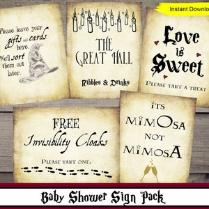 May include: A set of printable baby shower signs with a Harry Potter theme. The signs feature text such as "The Great Hall", "Free Invisibility Cloaks", "Love is Sweet", and "It's Mimosa Not Mimosa".