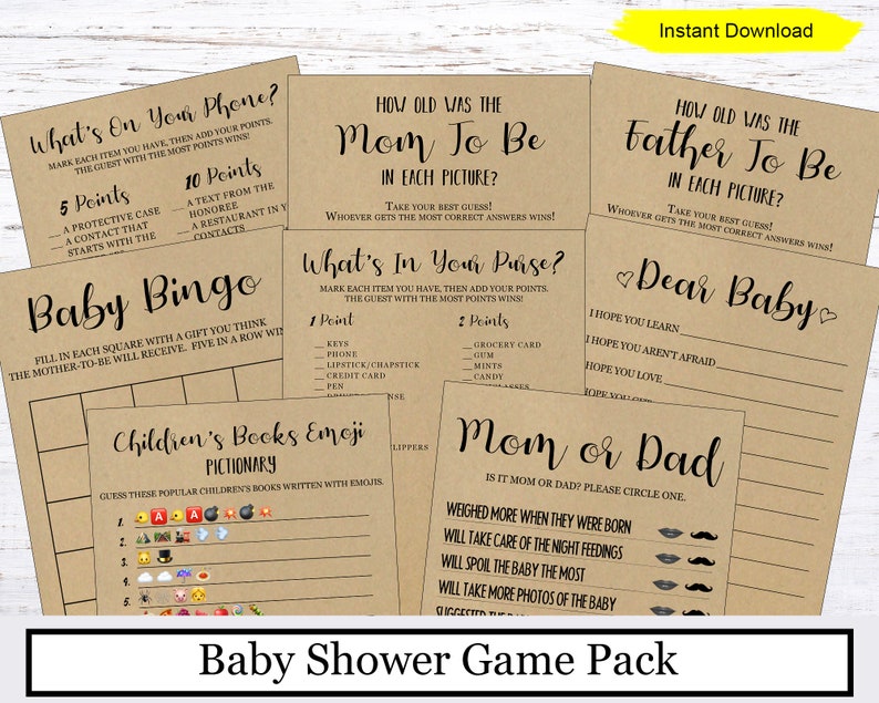 Baby Shower Game Pack INSTANT DOWNLOAD Printable Digital Etsy