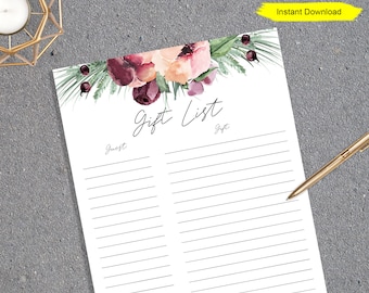 Burgundy and Blush Gift List Page - INSTANT DOWNLOAD - bridal shower birthday party printable digital scrapbook wedding marsala flowers plum