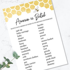 Pu&ograve; includere: Una carta di gioco stampabile con un motivo a nido d'ape giallo e un'illustrazione di un'ape. La carta presenta un elenco di parole americane e le loro controparti britanniche, come "spit up" e "layette".