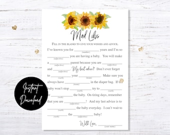 Sunflower Baby Mad Libs Game - INSTANT DOWNLOAD - printable digital baby shower sprinkle party co ed couples gender neutral sun flowers