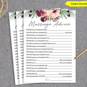 Burgundy and Blush Marriage Advice game - INSTANT DOWNLOAD - bridal shower bachelorette party printable digital love advice advise flowers