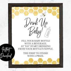 Bee Baby Shower Bottle Chug Baby Shower Game - INSTANT DOWNLOAD - printable digital baby shower game yellow honeycomb mama to bee