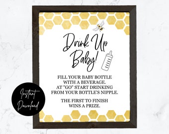 Bee Baby Shower Bottle Chug Baby Shower Game - INSTANT DOWNLOAD - printable digital baby shower game yellow honeycomb mama to bee