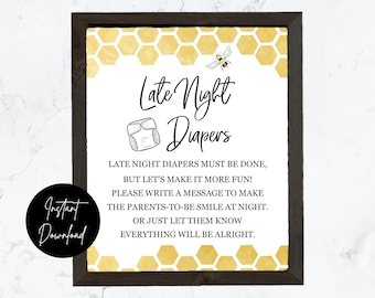 Bee Late Night Diapers Sign - INSTANT DOWNLOAD - baby shower party printable digital yellow gender neutral mama to bee
