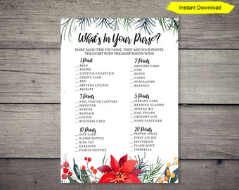 Christmas What's In Your Purse game - INSTANT DOWNLOAD - printable digital poinsettia class games Christmas eve game white elephans