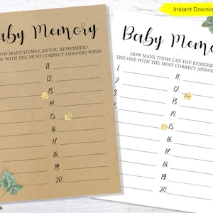May include: Two printable baby shower game cards with the title "Baby Memory" and instructions to remember as many items as possible. The card on the left has a brown background and the card on the right has a white background.