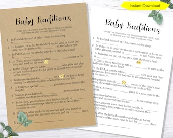 Babytradities Around The World-spel - INSTANT DOWNLOAD - afdrukbare digitale babyshowerspel ambacht eenvoudig witbruin leuk Kraftpapier