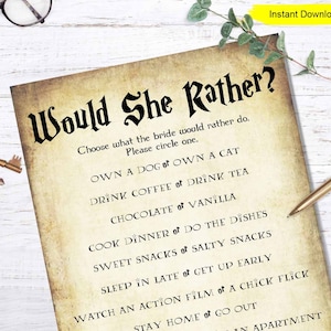 Would She Rather Game - INSTANT DOWNLOAD - bridal shower hen party bachelorette printable digital wizard antique icebreaker ice breaker