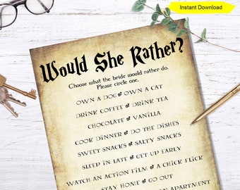 Would She Rather Game - INSTANT DOWNLOAD - bridal shower hen party bachelorette printable digital wizard antique icebreaker ice breaker