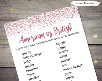 American vs. British Quiz Game - INSTANT DOWNLOAD - baby shower party printable digital pink glitter confetti girl