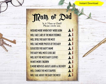 Mom or Dad Baby Shower Game - INSTANT DOWNLOAD - couples party sprinkle party printable digital wizard guess who mommy daddy
