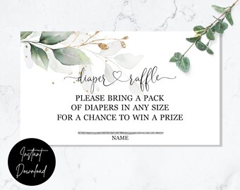 Eucalyptus Leaves Diaper Raffle Invitation Insert - INSTANT DOWNLOAD - printable digital Baby Shower invite greenery and gold sage