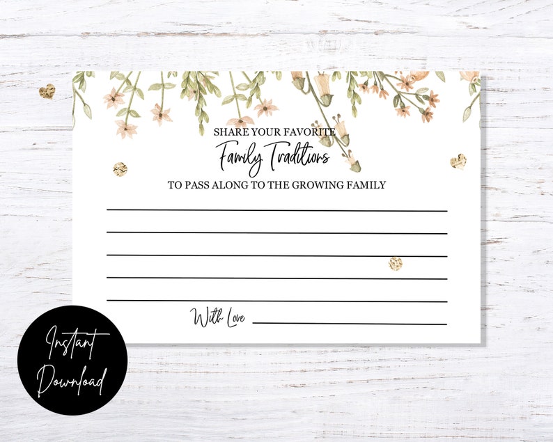 BOHO Chic Family Traditions Cards INSTANT DOWNLOAD baby shower party printable digital girl light green pale pink flowers greenery image 2