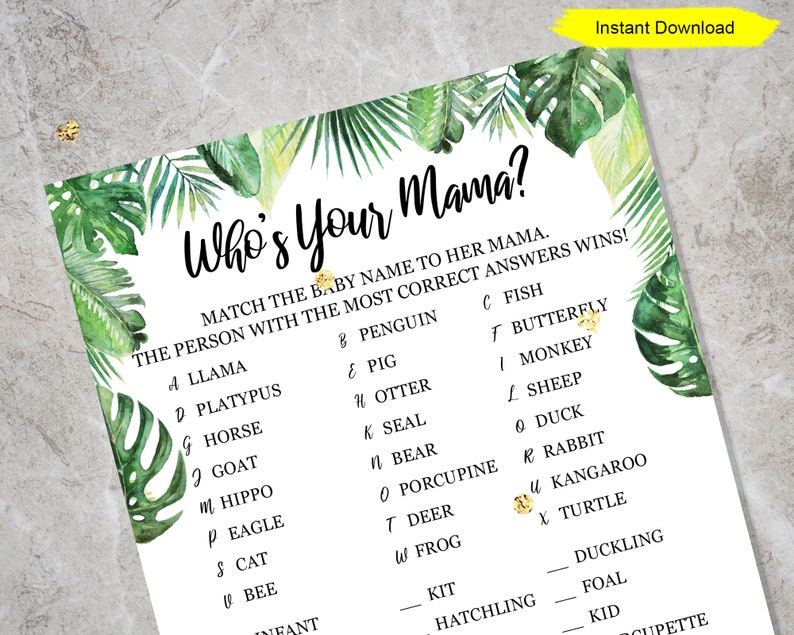 Jungle Who's Your Mama Game INSTANT DOWNLOAD printable print baby shower safari giraffe party animals lion modern gold my momma mother image 3