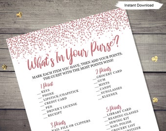 Rose Gold What&#39;s In Your Purse Game - INSTANT DOWNLOAD - baby shower party printable digital pink glitter confetti girl