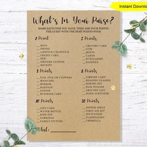 May include: A printable game card titled "What's In Your Purse?" on a kraft paper background. The game lists items with point values, such as keys, phone, and lipstick. The top right corner has a yellow banner that says "Instant Download".