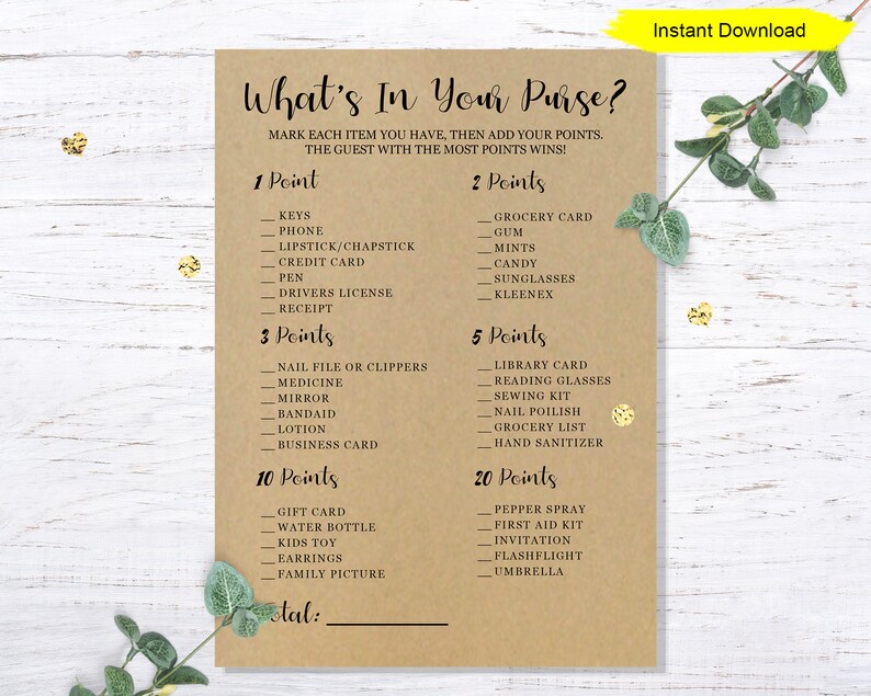 May include: A printable game card titled "What's In Your Purse?" on a kraft paper background. The game lists items with point values, such as keys, phone, and lipstick. The top right corner has a yellow banner that says "Instant Download".