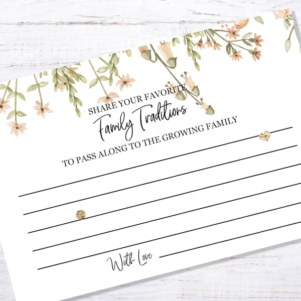 BOHO Chic Family Traditions Cards - INSTANT DOWNLOAD - baby shower party printable digital girl light green pale pink flowers greenery