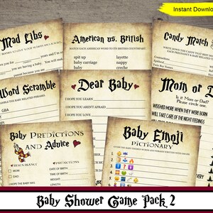 Puede incluir: Un conjunto de 10 juegos de baby shower imprimibles con un diseño de papel pergamino vintage. Los juegos incluyen Mad Libs, Baby Word Scramble, Dear Baby, Baby Predictions and Advice, Candy Match, Mom or Dad, Baby Emoji Dictionary y American vs. British.