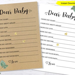 May include: Printable "Dear Baby" card with blank lines for writing messages to a new baby. The card is on a brown background with gold glitter accents.