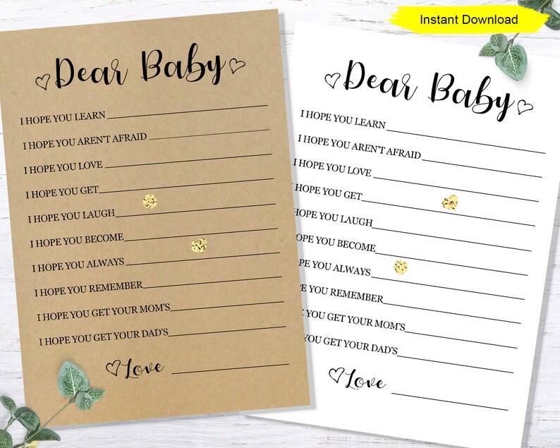 May include: Printable "Dear Baby" card with blank lines for writing messages to a new baby. The card is on a brown background with gold glitter accents.