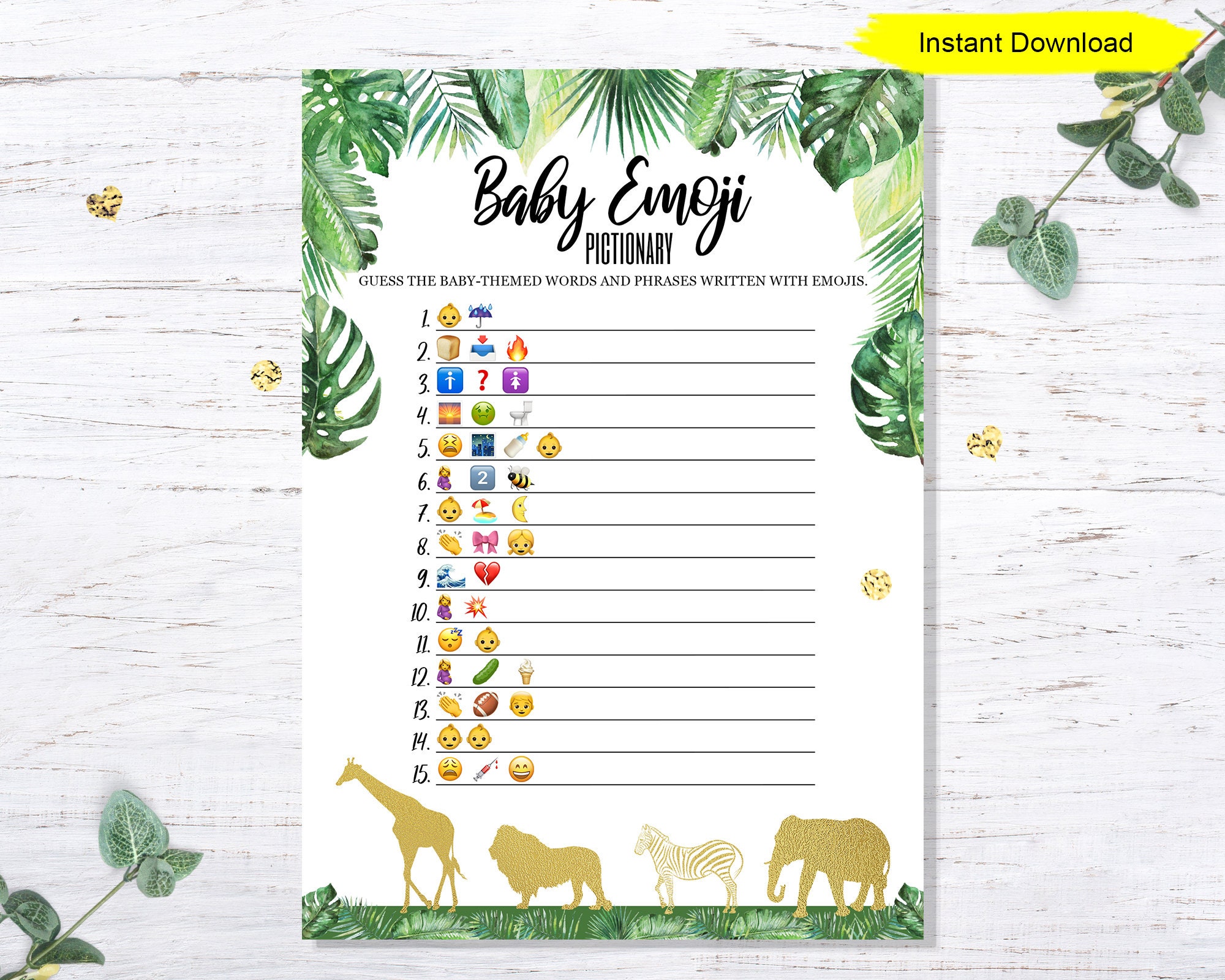 Jungle Baby Emoji Game - INSTANT DOWNLOAD - printable print baby shower safari giraffe party animals lion modern gold pictionary
