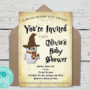 May include: A Harry Potter themed baby shower invitation with an illustration of a white owl wearing a brown wizard hat and a yellow and red scarf. The invitation reads "You're Invited to Olivia's Baby Shower" with the date, time, and location details.