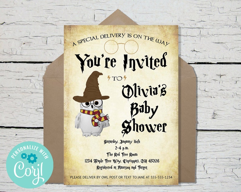 May include: A Harry Potter themed baby shower invitation with an illustration of a white owl wearing a brown wizard hat and a yellow and red scarf. The invitation reads "You're Invited to Olivia's Baby Shower" with the date, time, and location details.