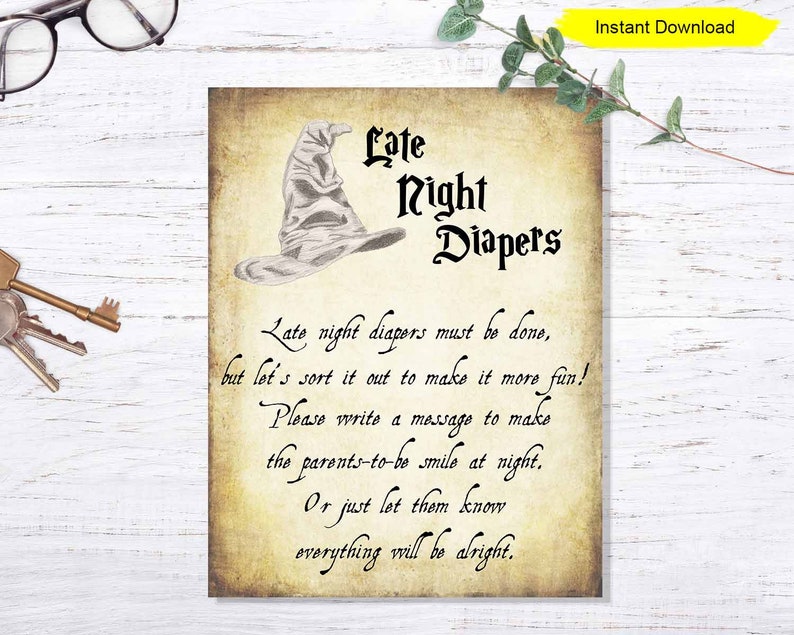 May include: A printable sign with a vintage parchment background featuring a black and white illustration of a wizard's hat. The text reads "Late Night Diapers" and includes a rhyming message about writing a message for the new parents.