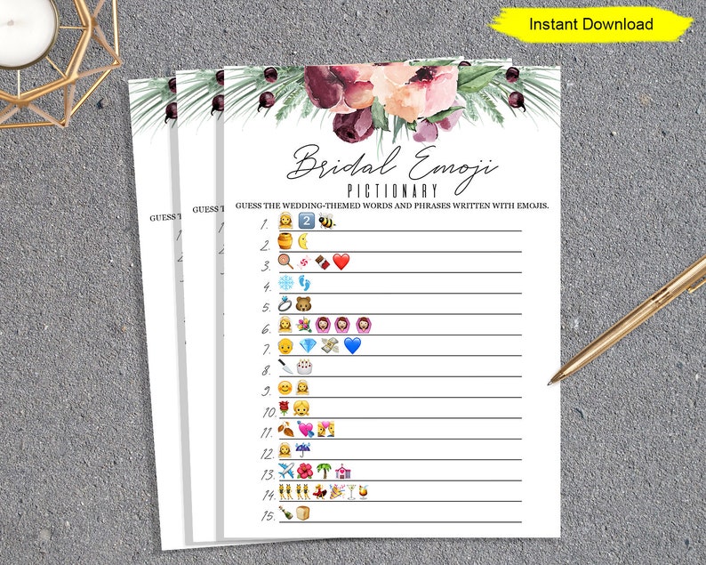 Burgundy Flowers Bridal Shower Emoji Game INSTANT DOWNLOAD printable digital couples shower bachelorette hen party plum purple blush image 2