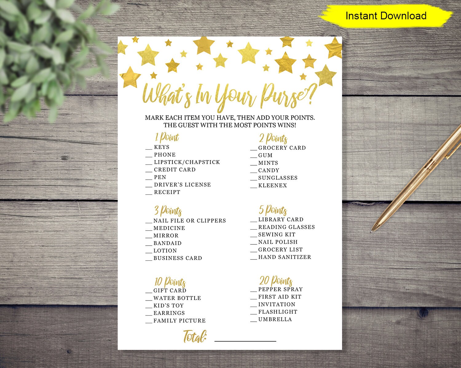 Twinkle Little Star Baby Shower What's In Your Purse Game - INSTANT DOWNLOAD - gold couples shower coed shower printable