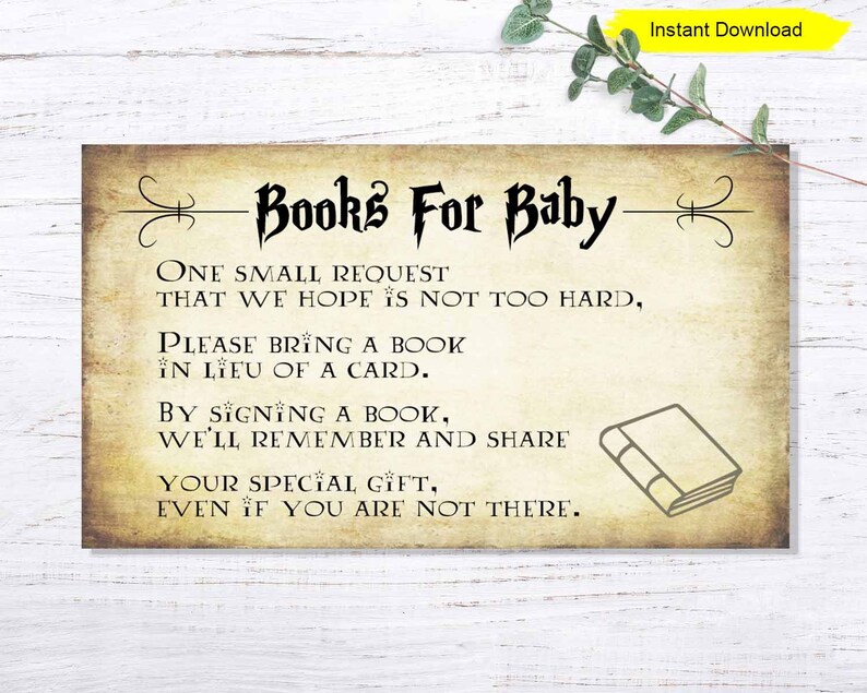 K&ouml;nnte beinhalten: Ein druckbares Schild mit einem Vintage-Hintergrund und dem Text "Books For Baby". Das Schild bittet die G&auml;ste, ein Buch anstelle einer Karte zur Babyparty mitzubringen. Das Schild enth&auml;lt auch eine kleine Illustration eines geschlossenen Buches.