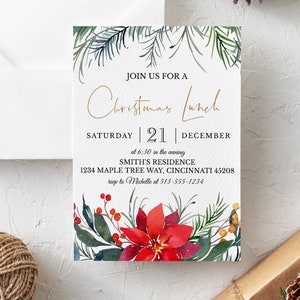 May include: A Christmas lunch invitation with watercolor floral accents. The invitation features the text "Join us for a Christmas Lunch" and details for the event, including the date, time, and location.