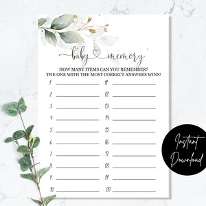 May include: A printable baby shower game with a green and gold floral design. The game is called "baby memory" and asks players to remember items from a list. The text "How many items can you remember? The one with the most correct answers wins!" is printed on the page.