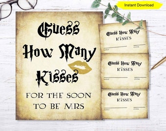Guess How Many Kisses Game - INSTANT DOWNLOAD - printable digital print sign bridal Shower jar candy game Halloween