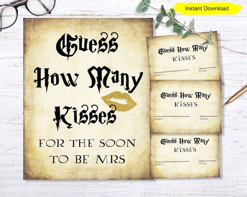 Guess How Many Kisses Game - INSTANT DOWNLOAD - printable digital print sign bridal Shower jar candy game Halloween image 1