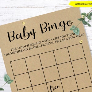 May include: A printable baby bingo card with a brown background and black text. The text reads "Baby Bingo" and "Fill in each square with a gift you think the mother-to-be will receive. Five in a row wins!"  The card has a free space in the centre and 24 other squares.