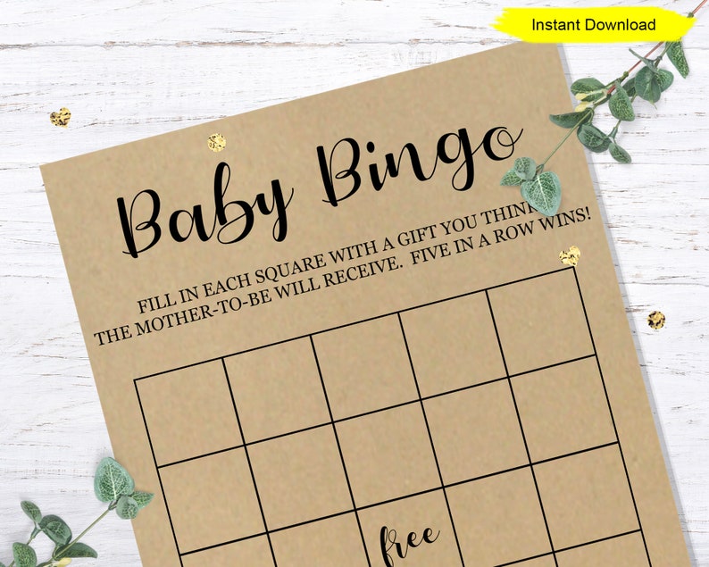 May include: A printable baby bingo card with a brown background and black text. The text reads "Baby Bingo" and "Fill in each square with a gift you think the mother-to-be will receive. Five in a row wins!"  The card has a free space in the centre and 24 other squares.