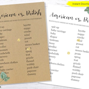 May include: A printable game card with the title "American vs. British". The card features a list of American words and their British counterparts, such as "diaper" and "nappy".