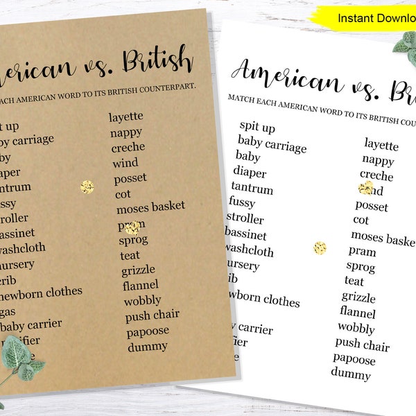 American vs. British Quiz Game - INSTANT DOWNLOAD - printable digital baby shower sign versus England Britain craft white Kraft