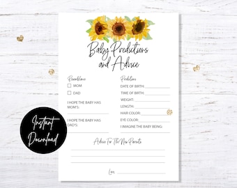 Sunflower Baby Predictions and Advice Game - INSTANT DOWNLOAD - printable digital baby shower sprinkle party co ed couples gender neutral