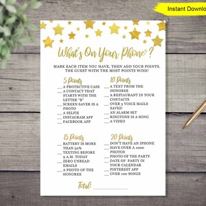 Twinkle Little Star Baby Shower What&#39;s On Your Phone Game - INSTANT DOWNLOAD - gold couples shower coed shower printable